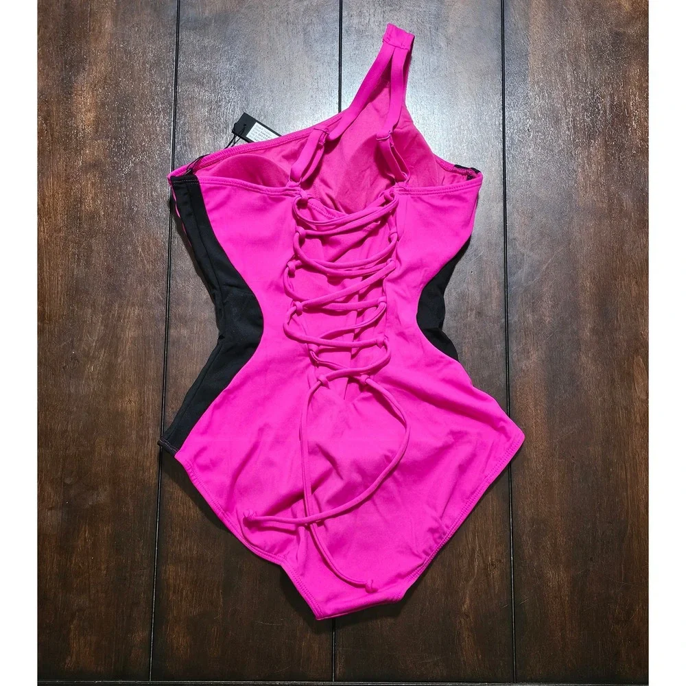 TA3‎ Swim One Sidey Contour One Shoulder Swimsuit Pink Black Small Short TA3082S